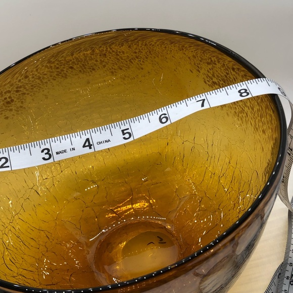 Hand Blown Large Crackle Glass Amber Bowl 9” X 6” - Picture 10 of 11